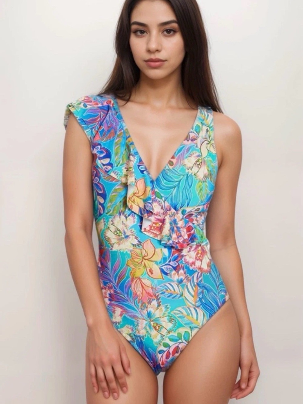 Johnny Was Multicolor Floral Ruffle One-Piece Swimsuit
